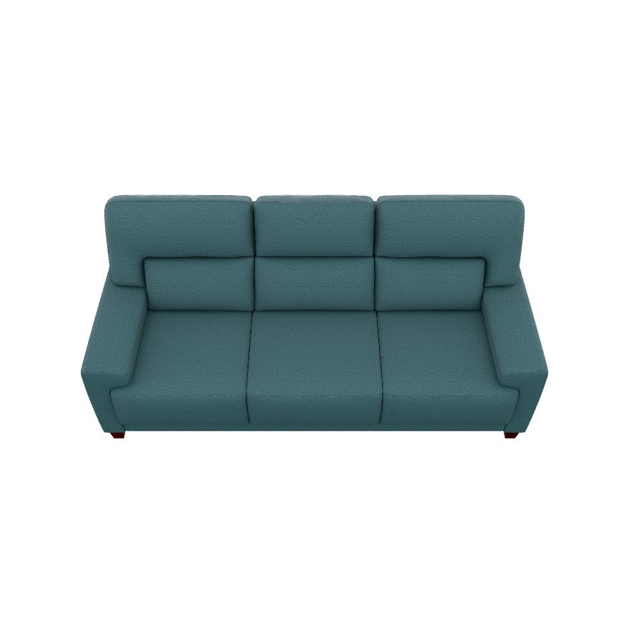 A top-down view of the Draper Sofa, a teal three-seater with a modern design, featuring three distinct backrest cushions and armrests on each side.