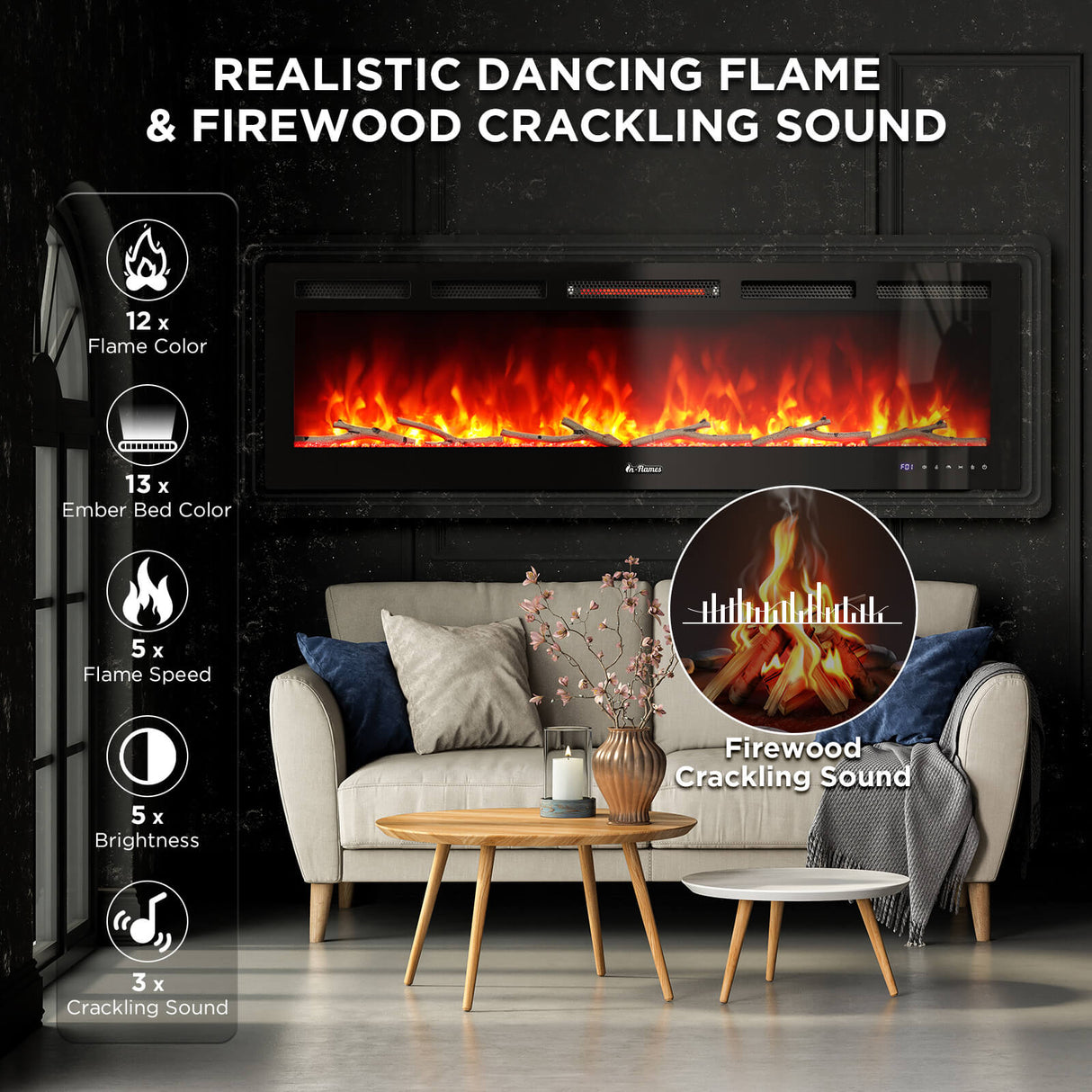 In Flames INF60W-3D WiFi Smart Wall Mounted Electric Fireplace - Tempered Glass