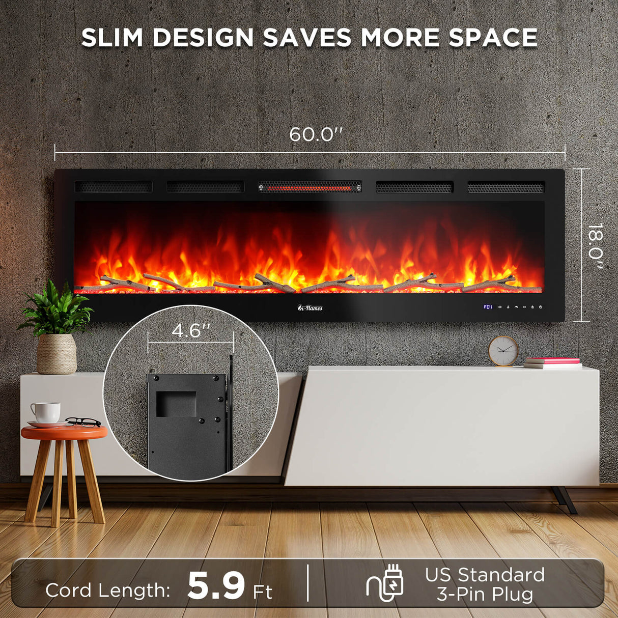 In Flames INF60W-3D WiFi Smart Wall Mounted Electric Fireplace - Tempered Glass