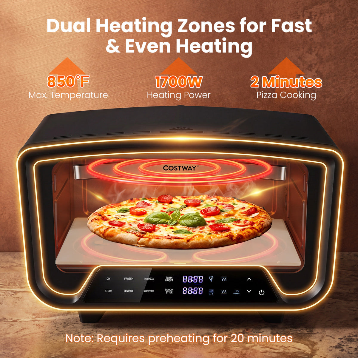 Indoor Electric Pizza Oven for 12" Pizzas with 8 Presets-Black