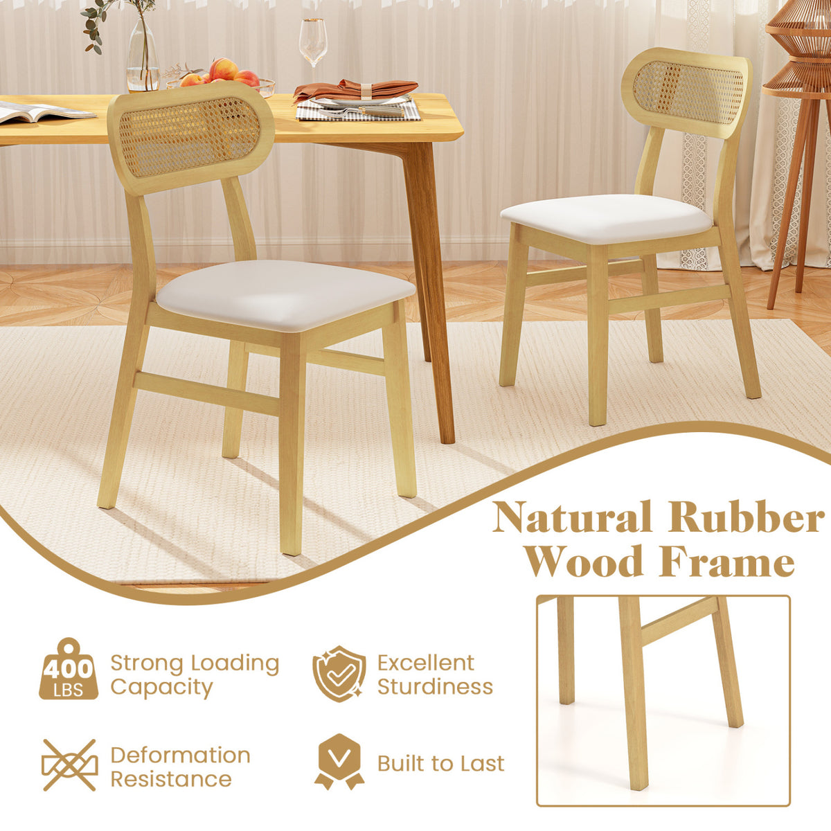 Indoor Mid Century Wood Dining Chairs Set of 2 for Dining Room-White