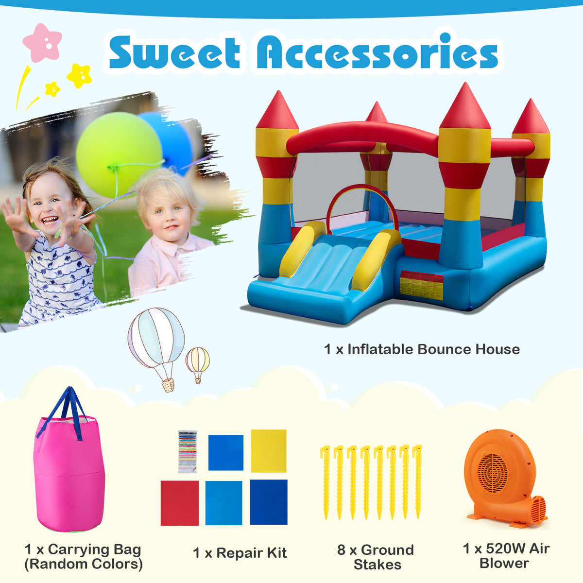 3-in-1 Kids Bouncer with Slide with 520W Blower for Yard