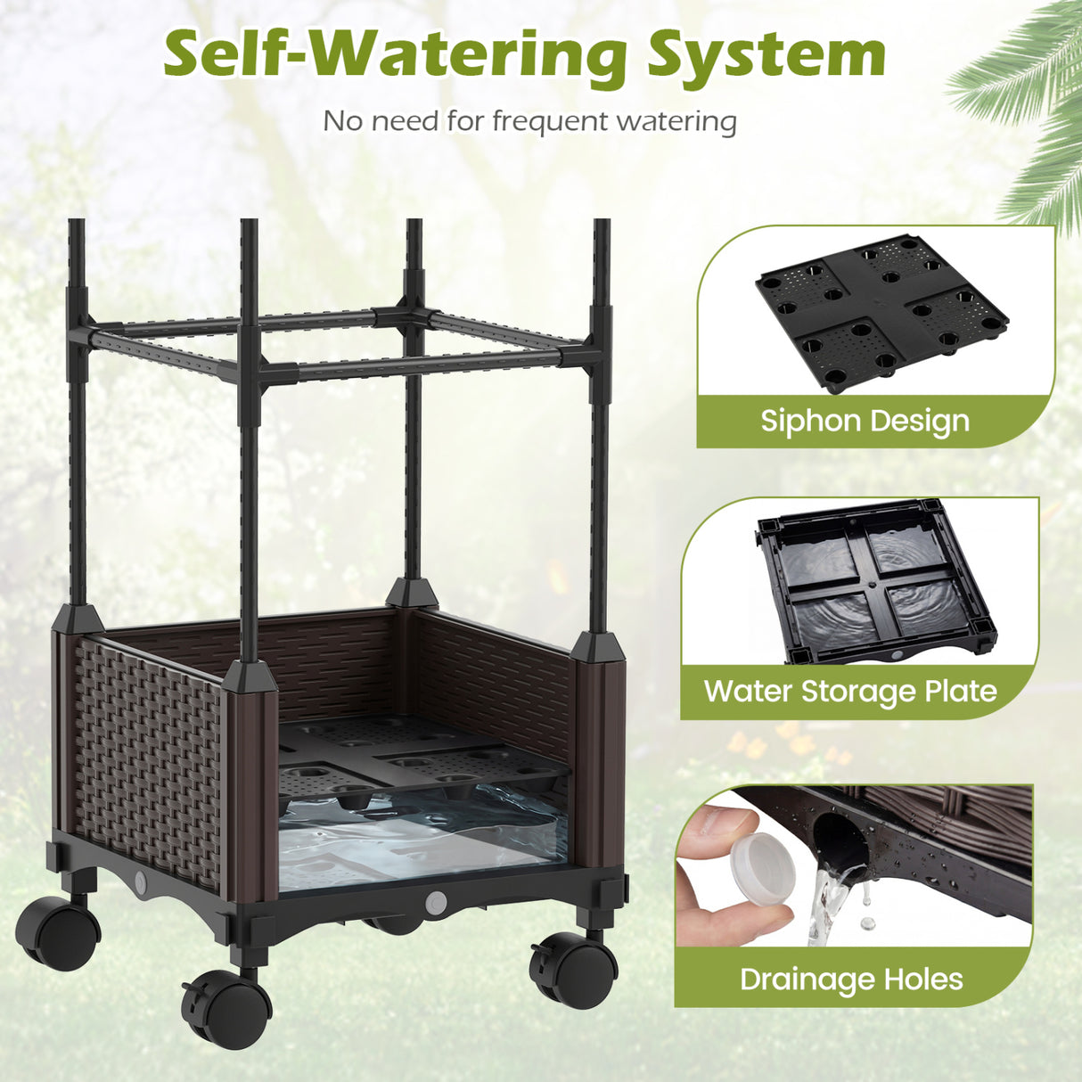 Indoor Outdoor Raised Garden Bed with Trellis and Self-Drainage and Wheels-Black