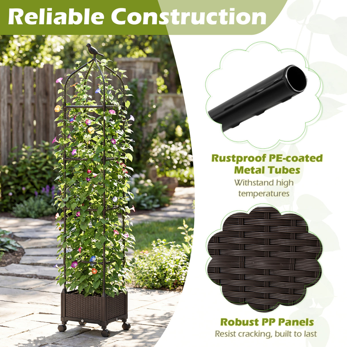 Indoor Outdoor Raised Garden Bed with Trellis and Self-Drainage and Wheels-Black