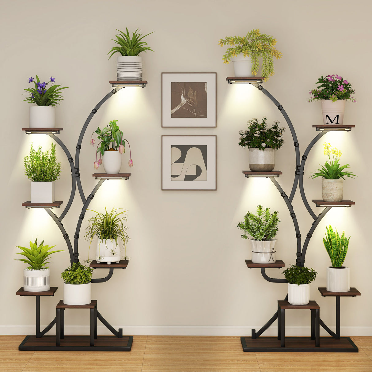 Indoor Plant Stand with Grow Lights 58" Tall 8-Tier Corner Metal Plant Shelf-Set of 2