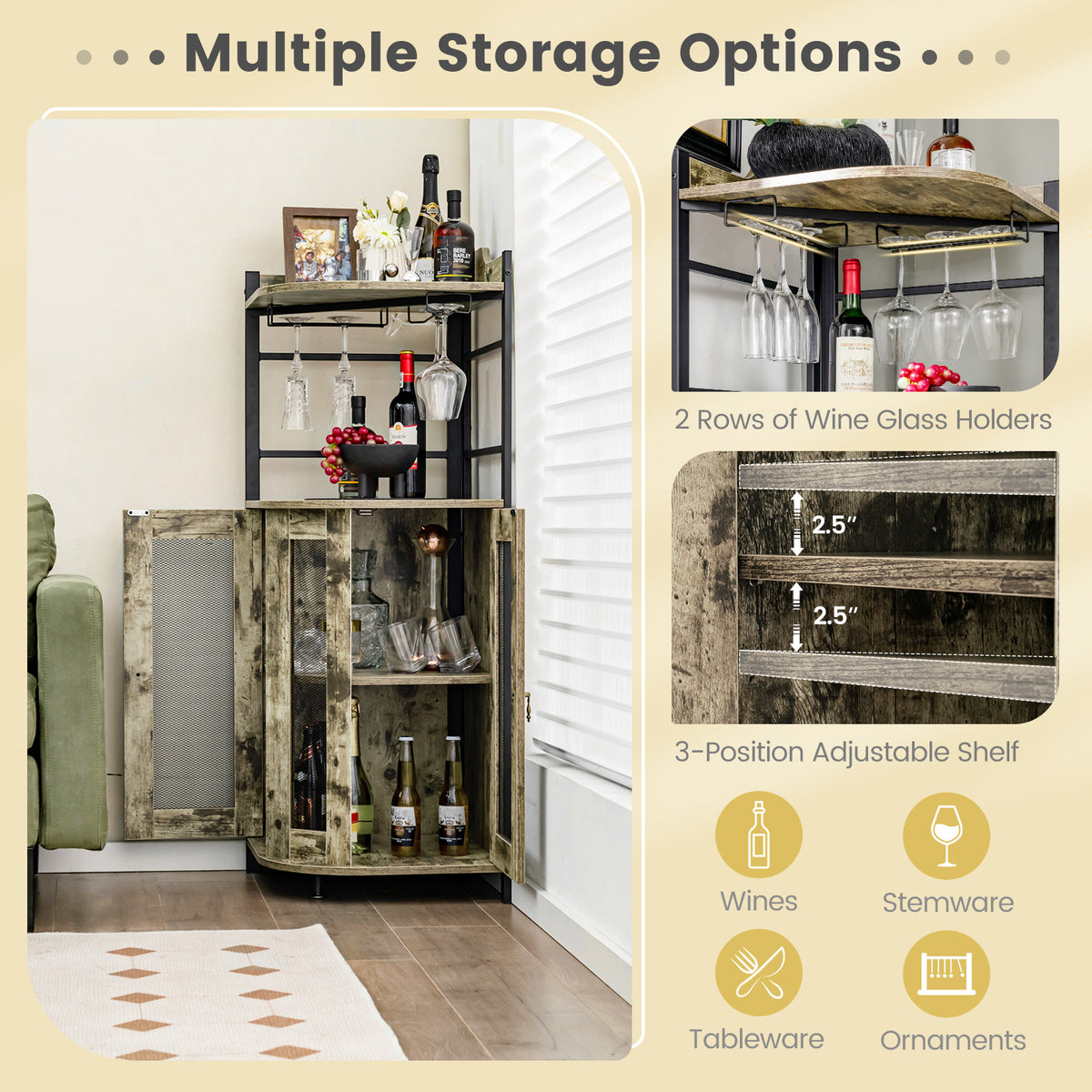 Industrial Corner Bar Cabinet with Glass Holder and Adjustable Shelf-Taupe