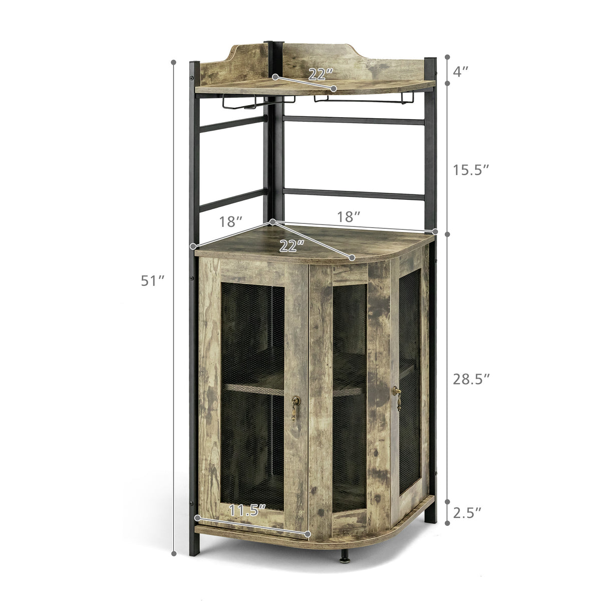 Industrial Corner Bar Cabinet with Glass Holder and Adjustable Shelf-Taupe
