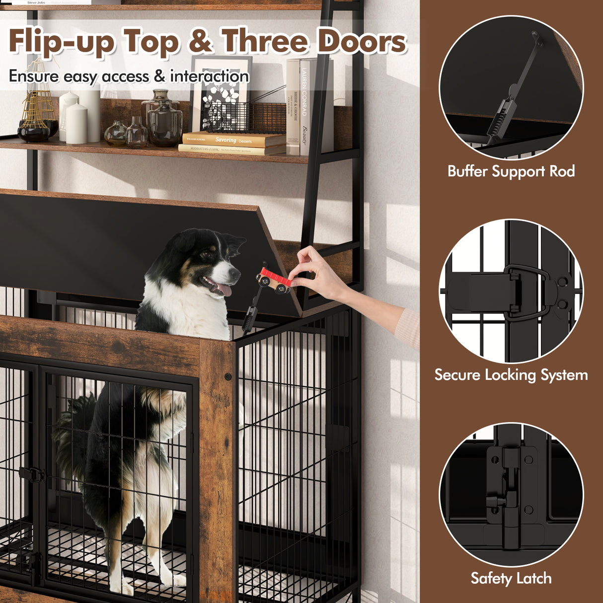 Industrial Dog Kennel Dog Crate Furniture with Storage Shelves-Rustic Brown