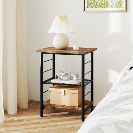 3-Tier End Table Space-Saving Nightstand Industrial Bedside Table for Living Room Bedroom-Rustic Brown