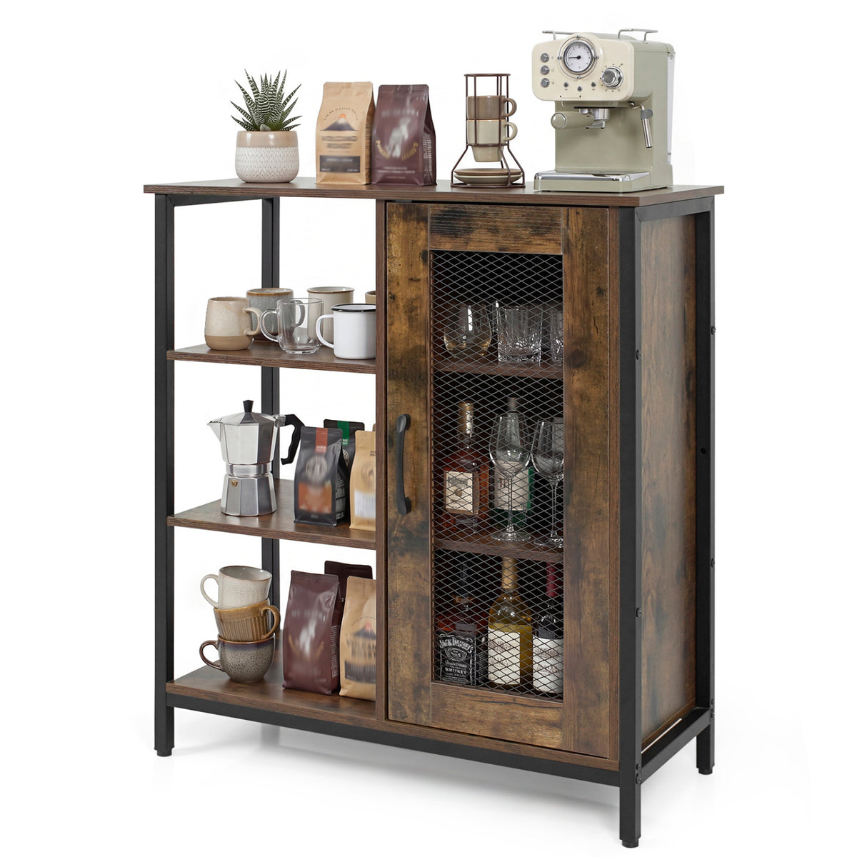 Industrial Side Cabinet with Metal Mesh Door and 3 Open Shelves-Rustic Brown