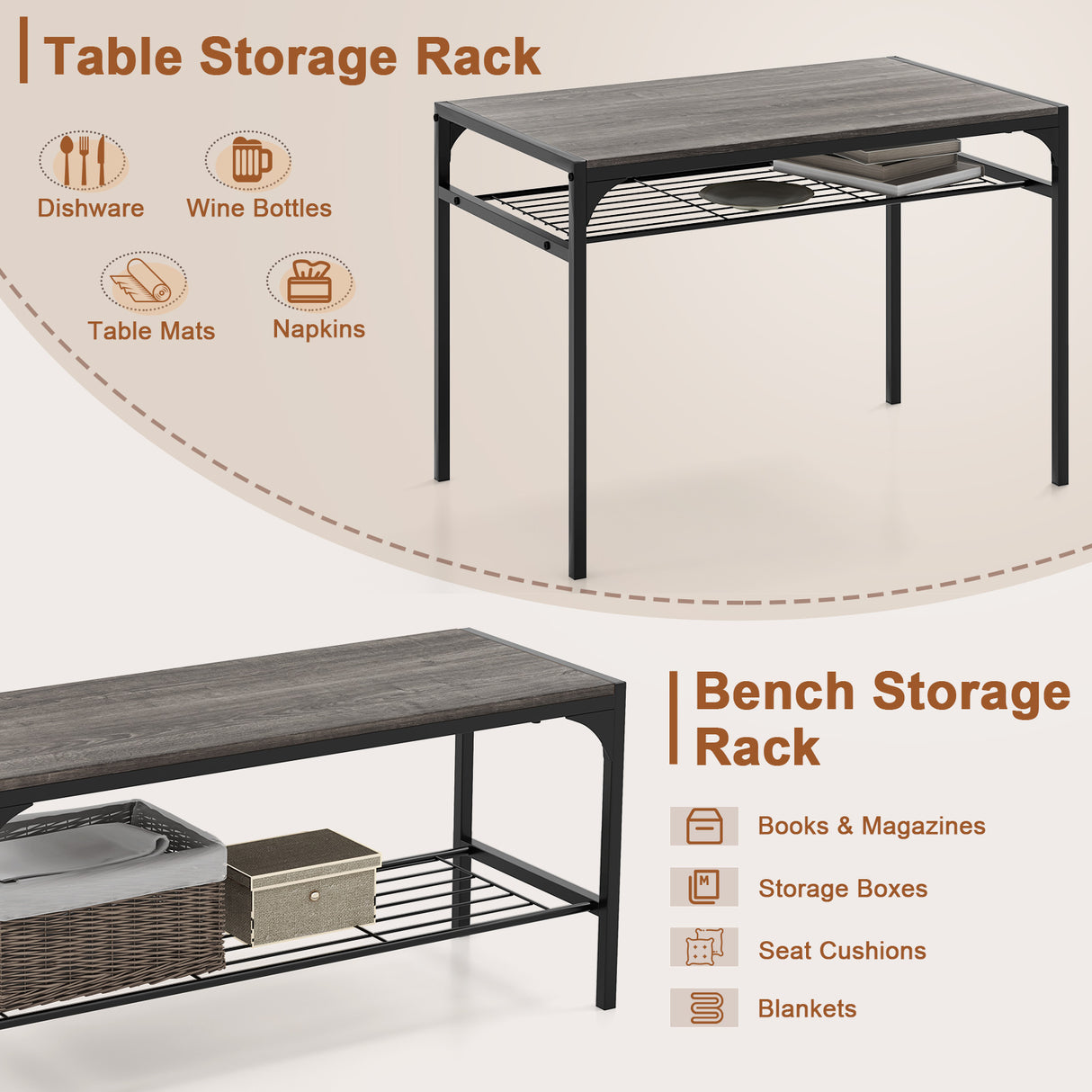 Industrial Style Rectangular Kitchen Table with Bench and Chairs-Gray