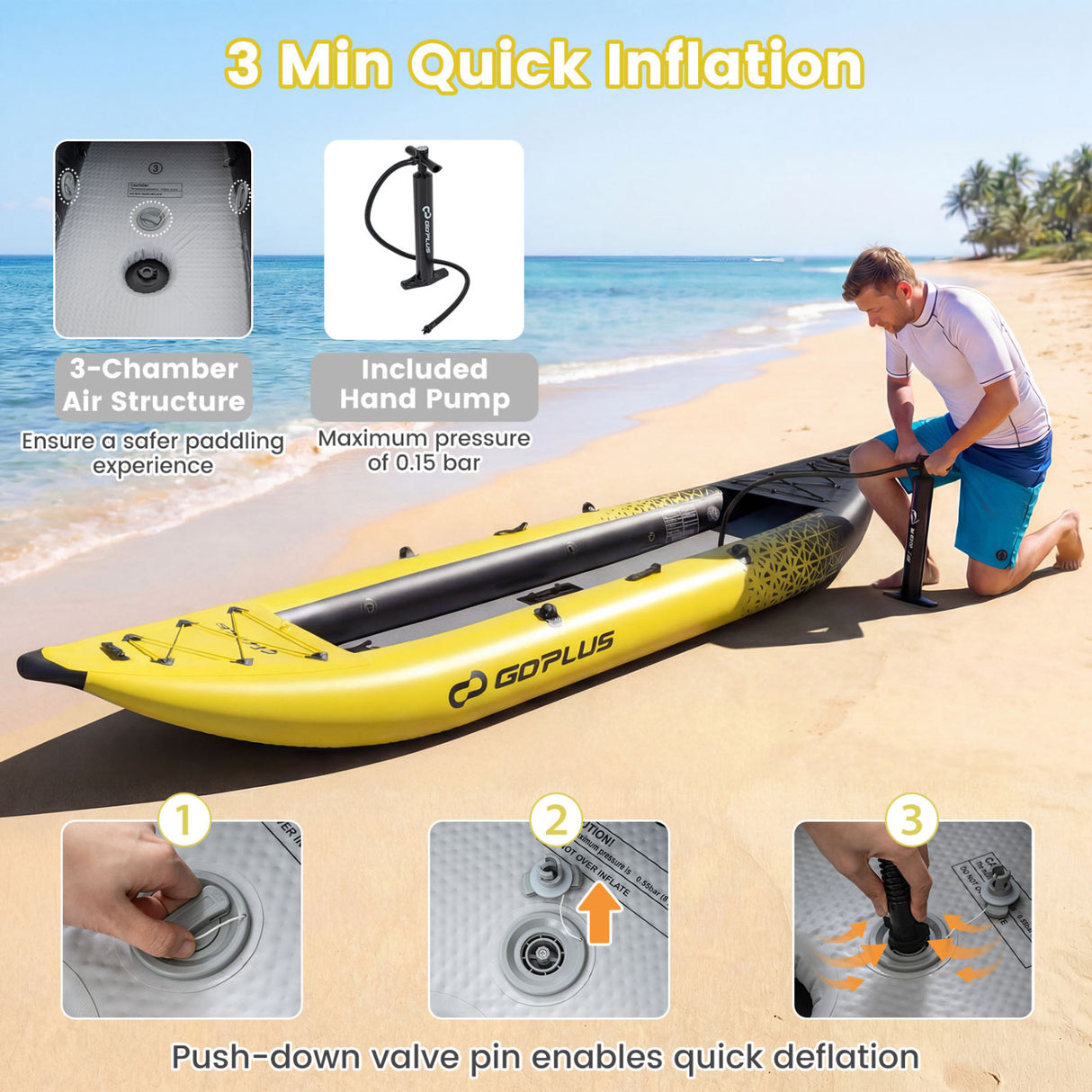 Inflatable 2-person Kayak Set with Aluminium Oars and Repair Kit-Yellow
