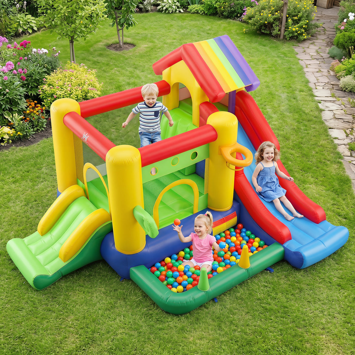 Inflatable Bounce Castle with Double Slides and 735W Blower