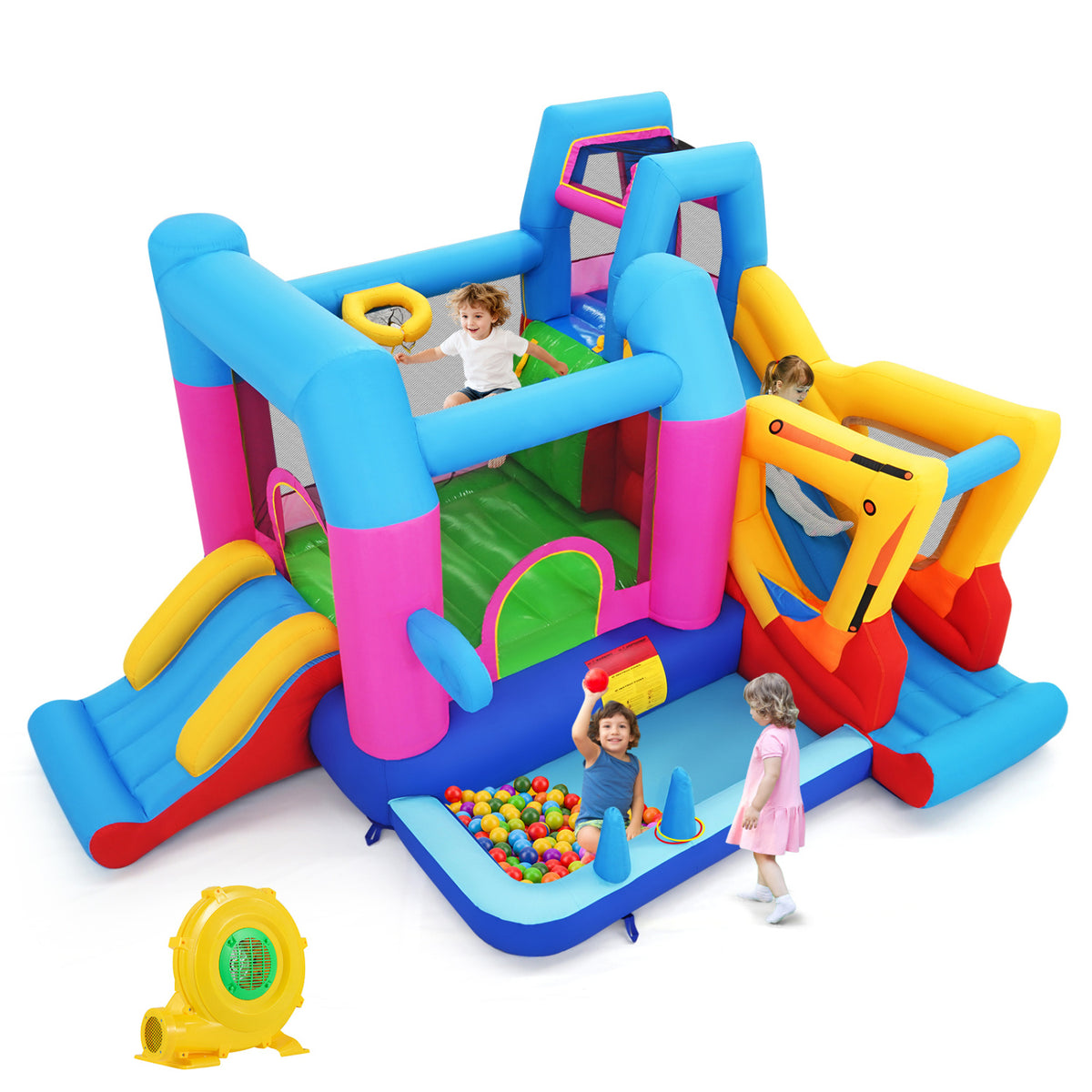 Inflatable Bounce House 8-in-1 Excavator Themed Kids Bouncer with 780W Blower