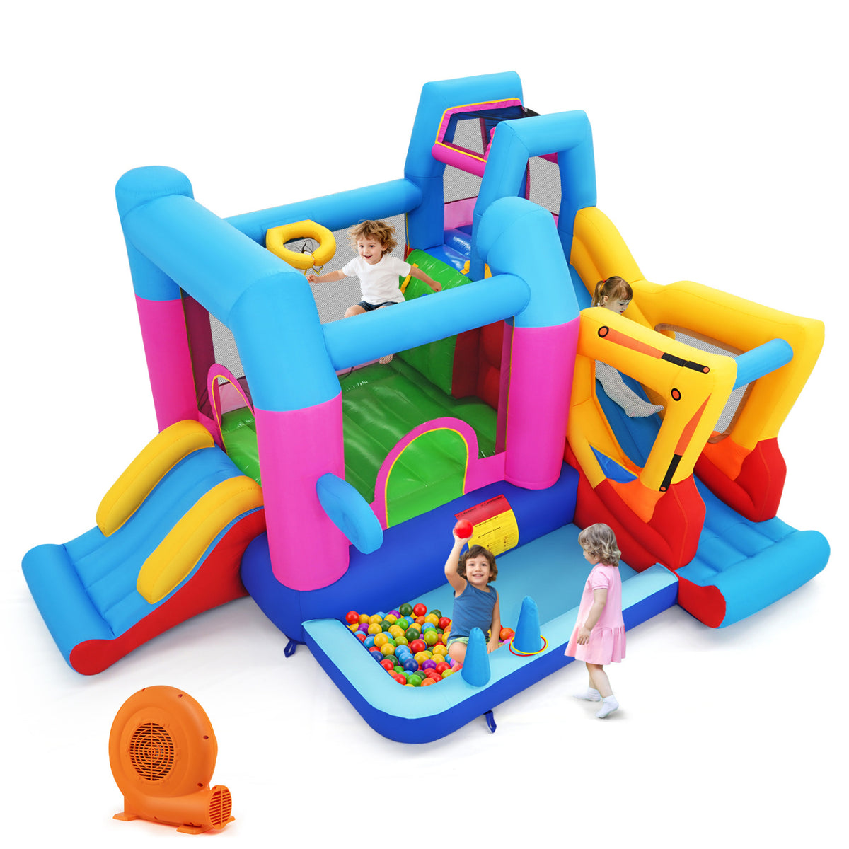 Inflatable Bounce House 8-in-1 Excavator Themed Kids Bouncer with 750W Blower