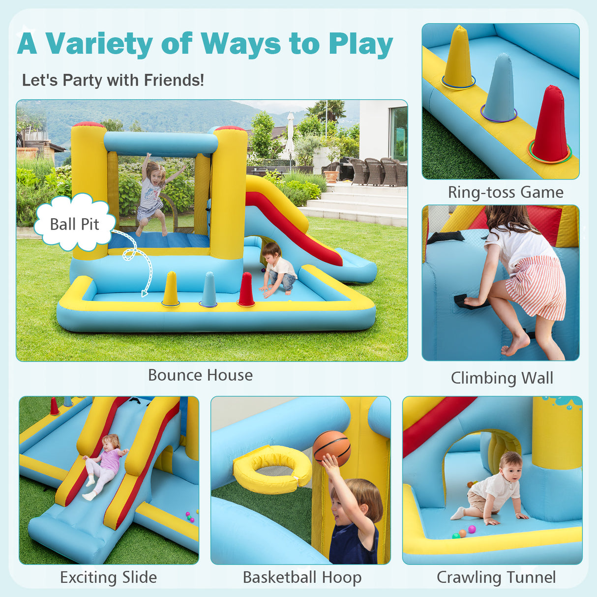 Inflatable Bounce House 7-in-1 Bouncy Castle with Slide and Tunnel with 480W Blower