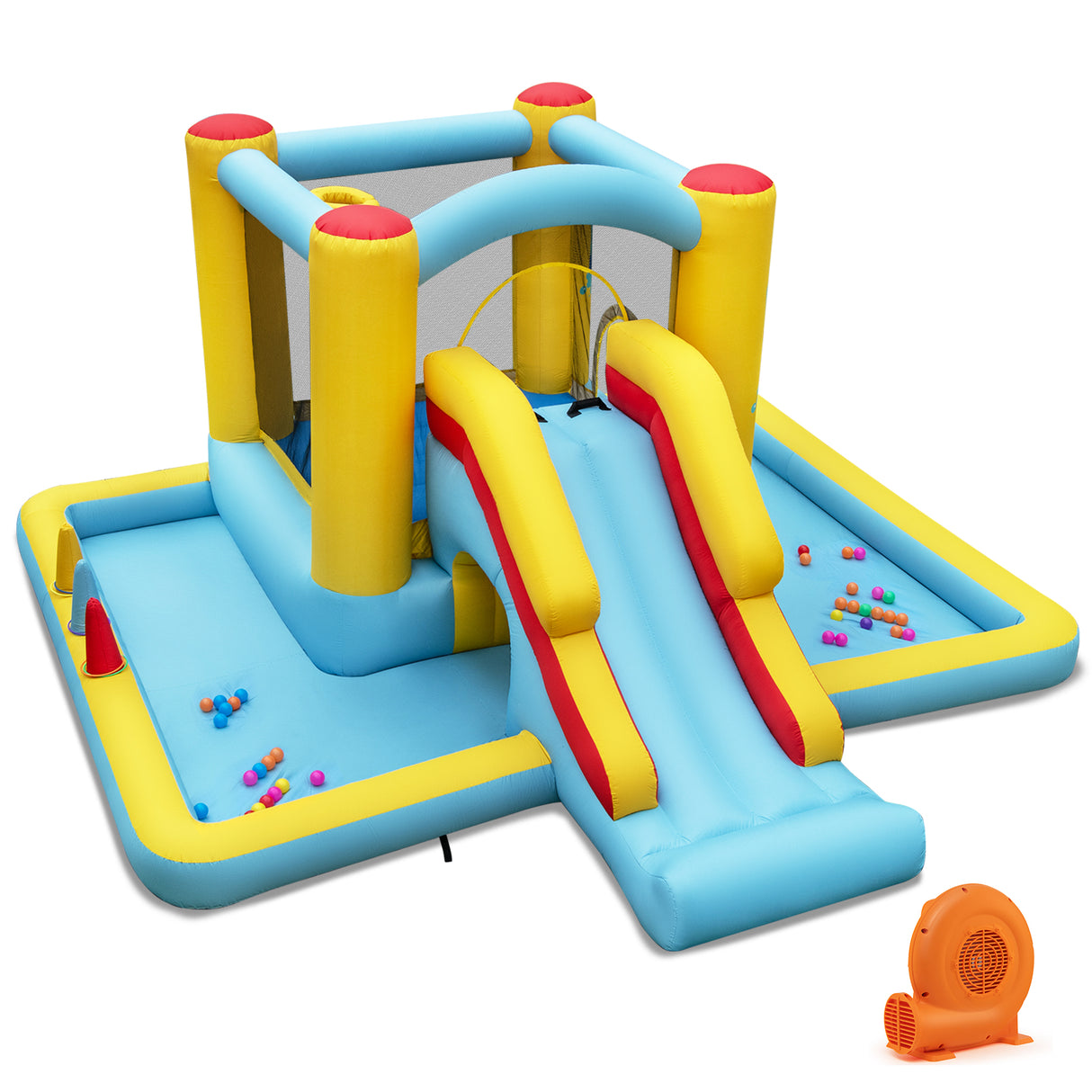 Inflatable Bounce House 7-in-1 Bouncy Castle with Slide and Tunnel with 550W Blower