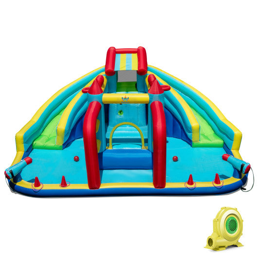 Inflatable Double Water Slide Park with Obstacle Course and 735W Blower
