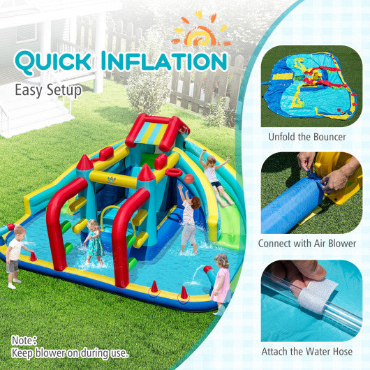 Inflatable Double Water Slide Park with Obstacle Course and 735W Blower