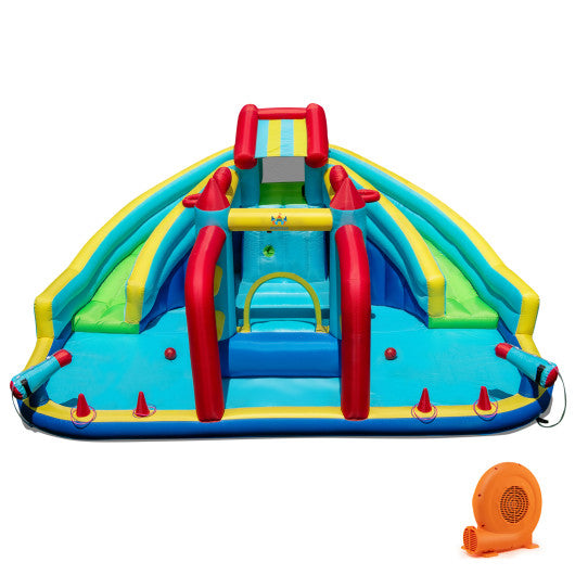Inflatable Double Water Slide Park with 750W Blower and Obstacle Course