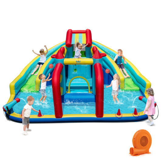 Inflatable Double Water Slide Park with 750W Blower and Obstacle Course