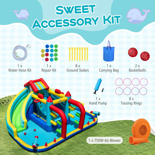 Inflatable Double Water Slide Park with 750W Blower and Obstacle Course