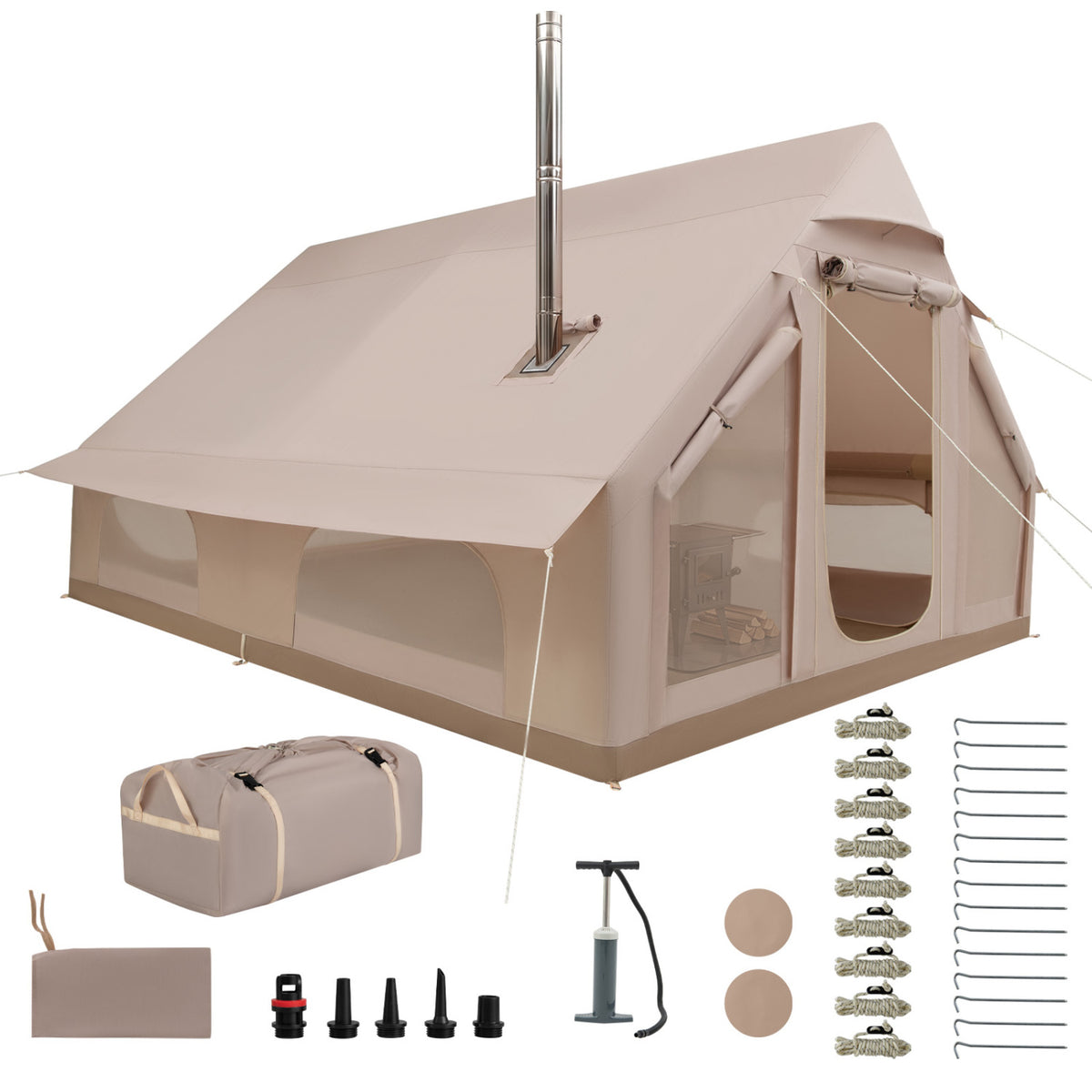 Inflatable Easy Setup 4 Season Waterproof Oxford Camping Tent for Camping with Stove Jack for 6-10 Person-Beige