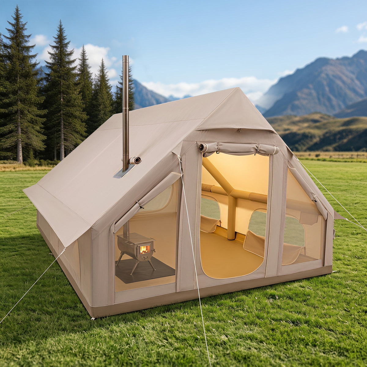 Inflatable Easy Setup 4 Season Waterproof Oxford Camping Tent for Camping with Stove Jack for 6-10 Person-Beige