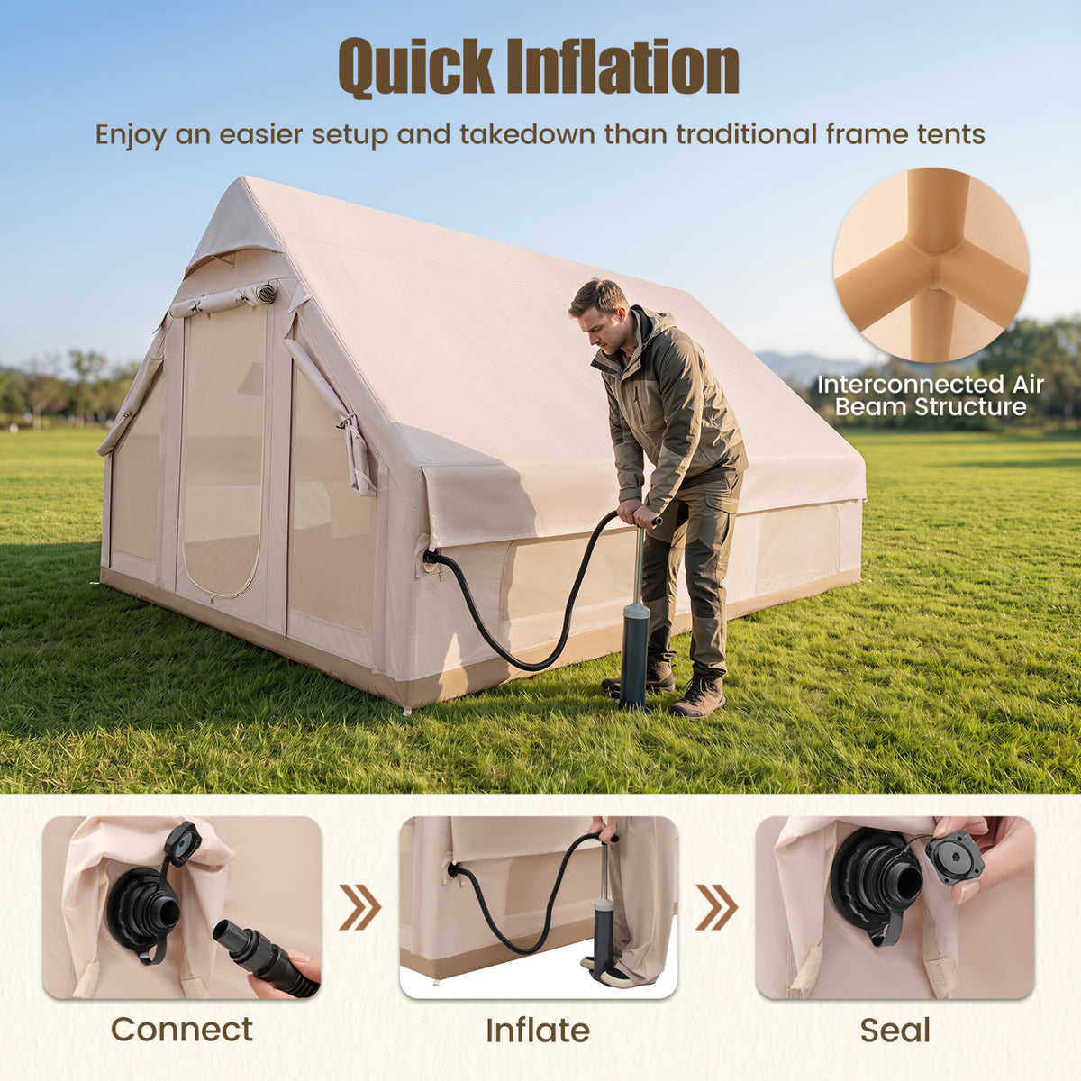 Inflatable Easy Setup 4 Season Waterproof Oxford Camping Tent for Camping with Stove Jack for 6-10 Person-Beige