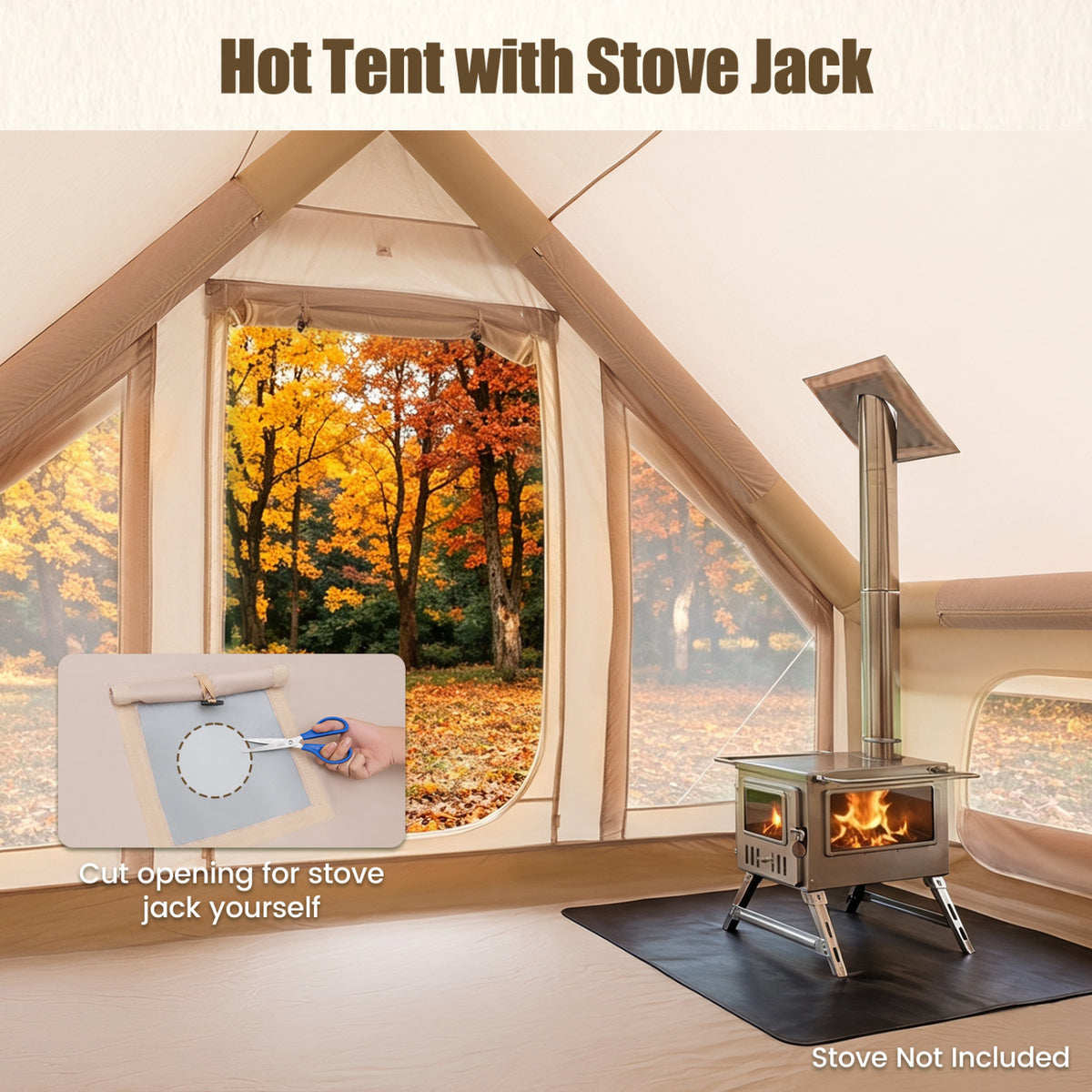 Inflatable Easy Setup 4 Season Waterproof Oxford Camping Tent for Camping with Stove Jack for 6-10 Person-Beige