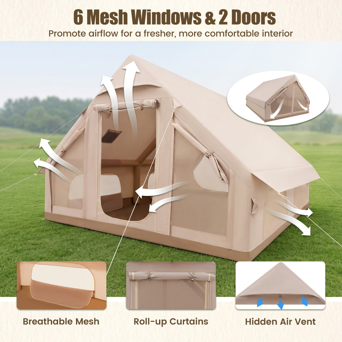 Inflatable Easy Setup 4 Season Waterproof Oxford Camping Tent for Camping with Stove Jack for 6-10 Person-Beige
