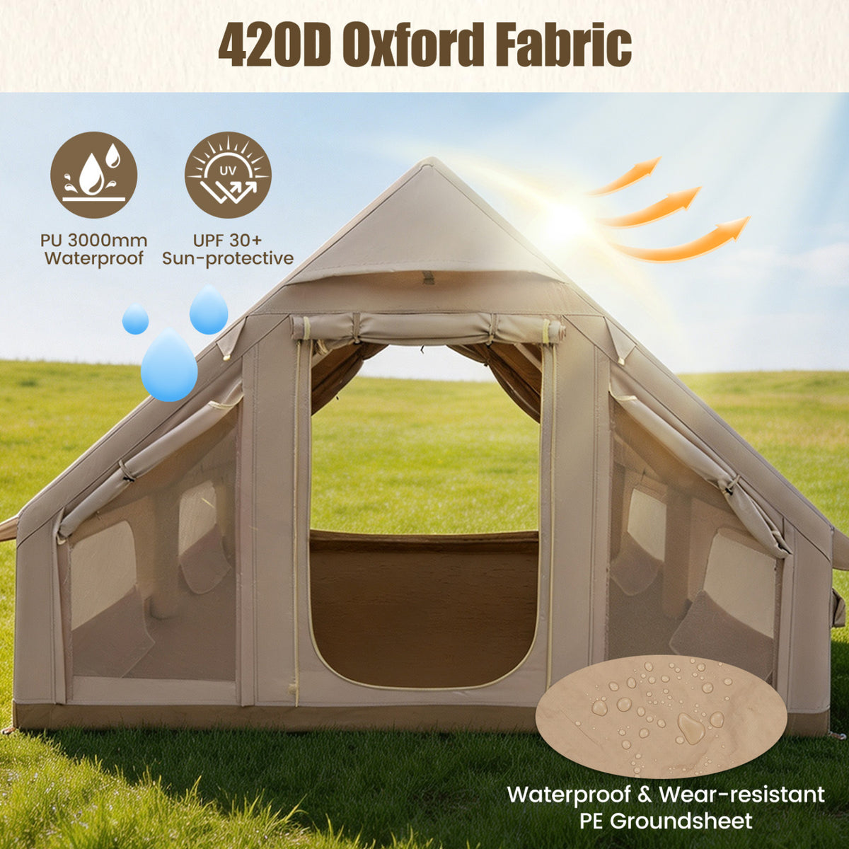 Inflatable Easy Setup 4 Season Waterproof Oxford Camping Tent for Camping with Stove Jack for 6-10 Person-Beige
