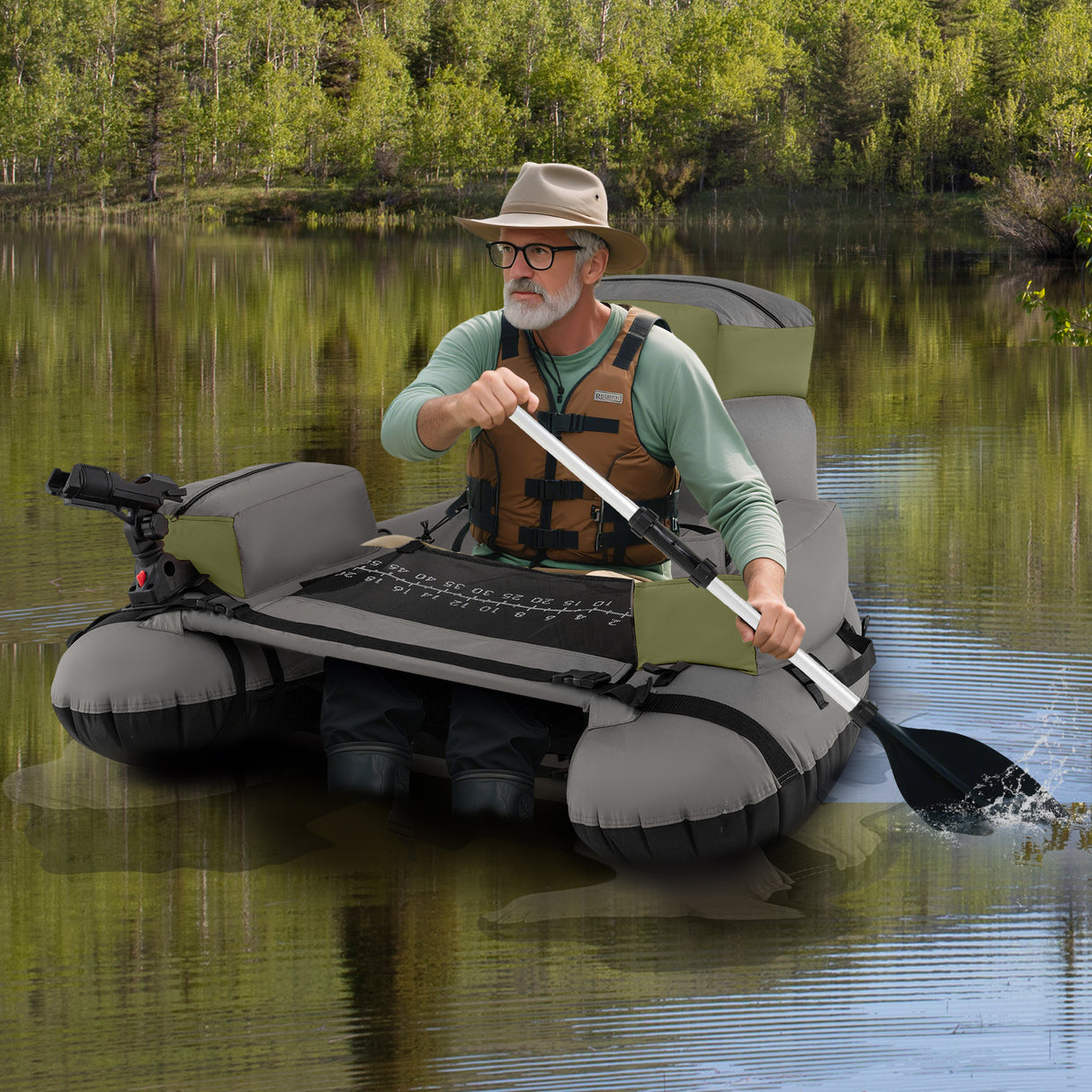 Inflatable Fishing Float Tube with Shoulder Straps and Storage for Angling-Green