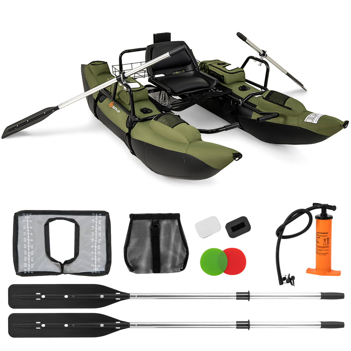 Inflatable Fishing Float Tube with Foldable Padded Seat and Adjustable Footrest-Green