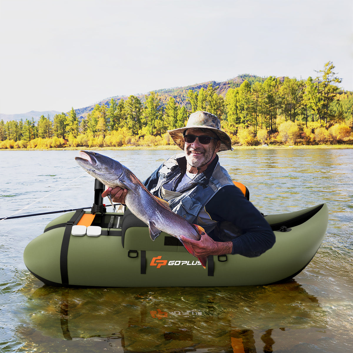 Inflatable Fishing Float Tube with Pump Storage Pockets and Fish Ruler-Green