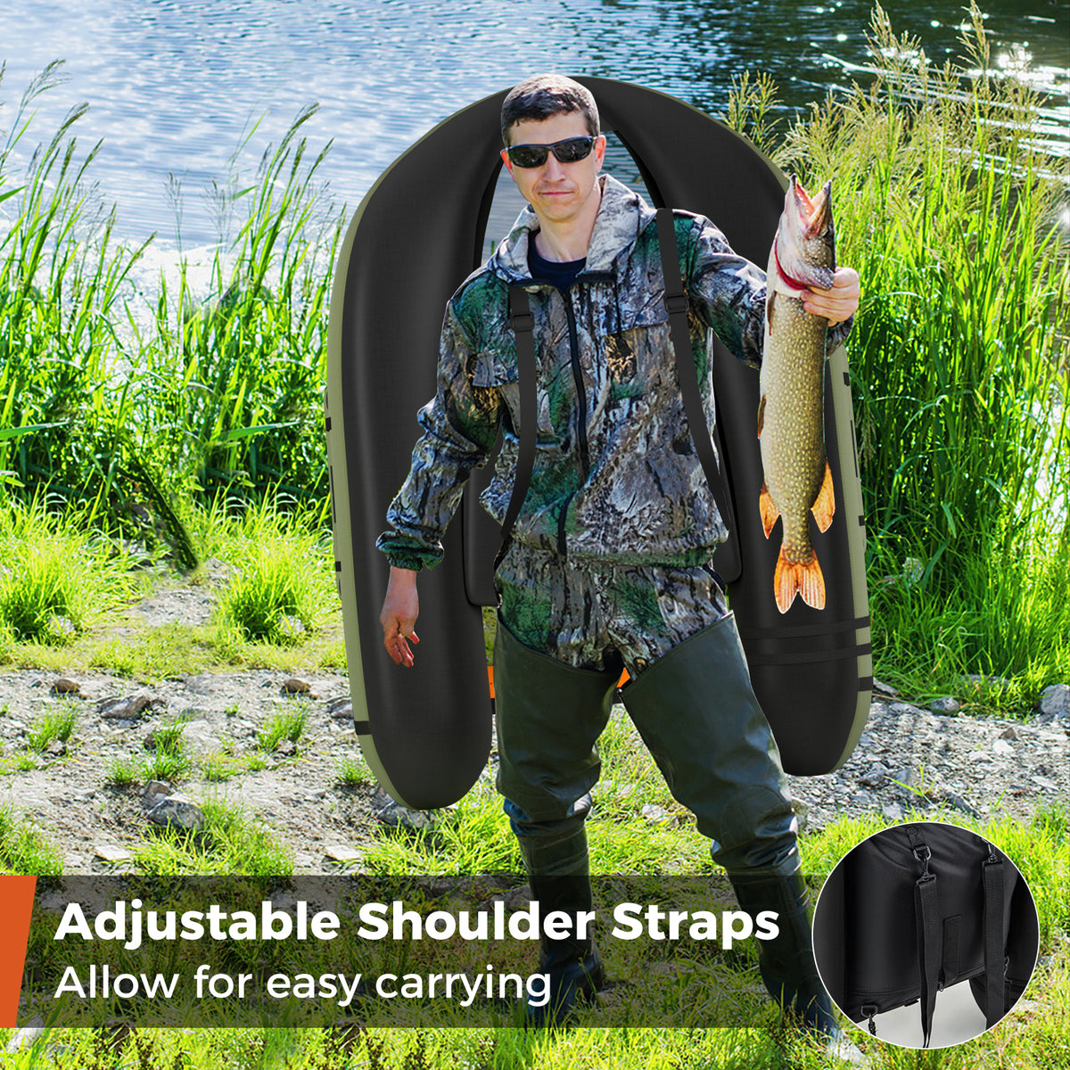 Inflatable Fishing Float Tube with Pump Storage Pockets and Fish Ruler-Green