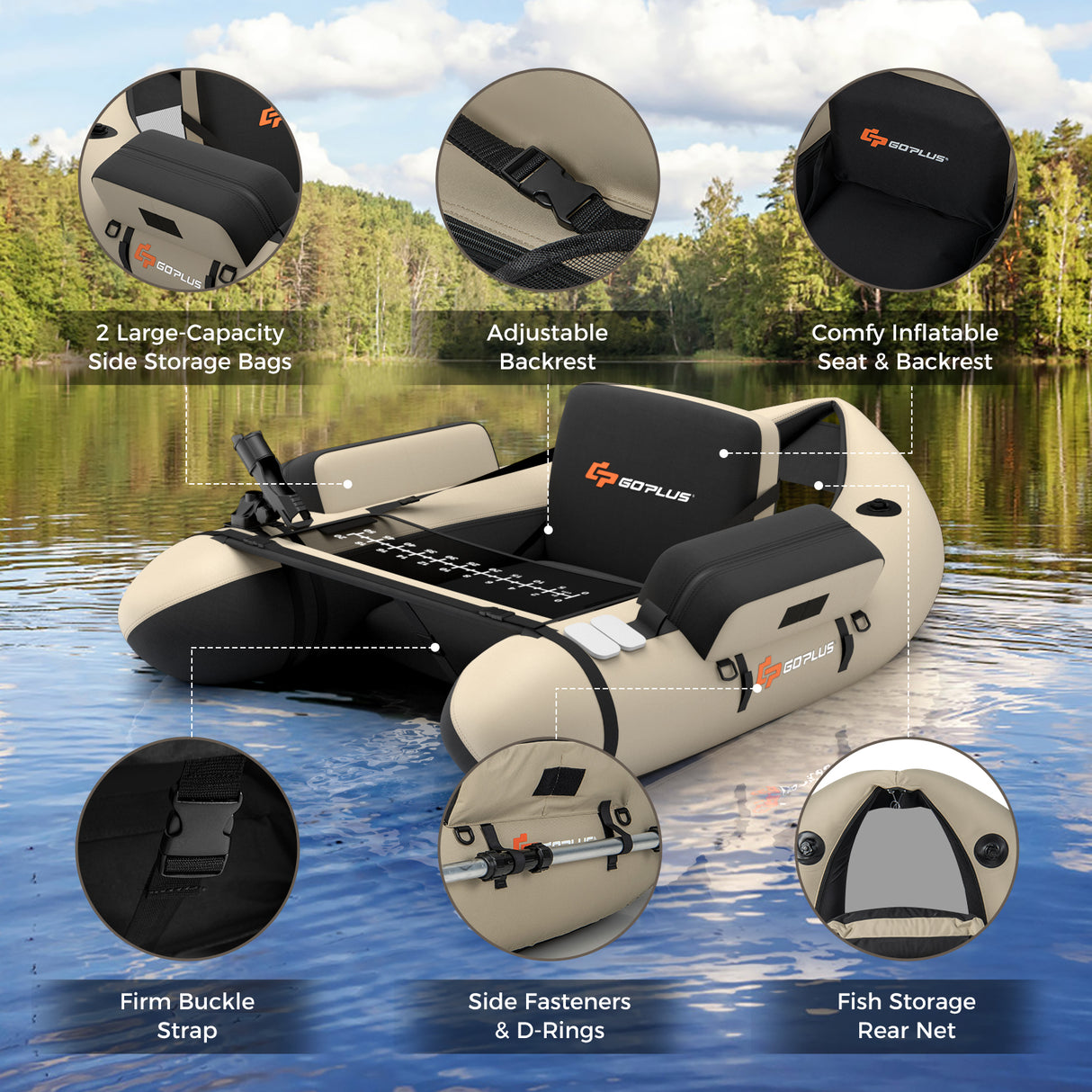 Inflatable Fishing Float Tube with Pump Storage Pockets and Fish Ruler-Beige