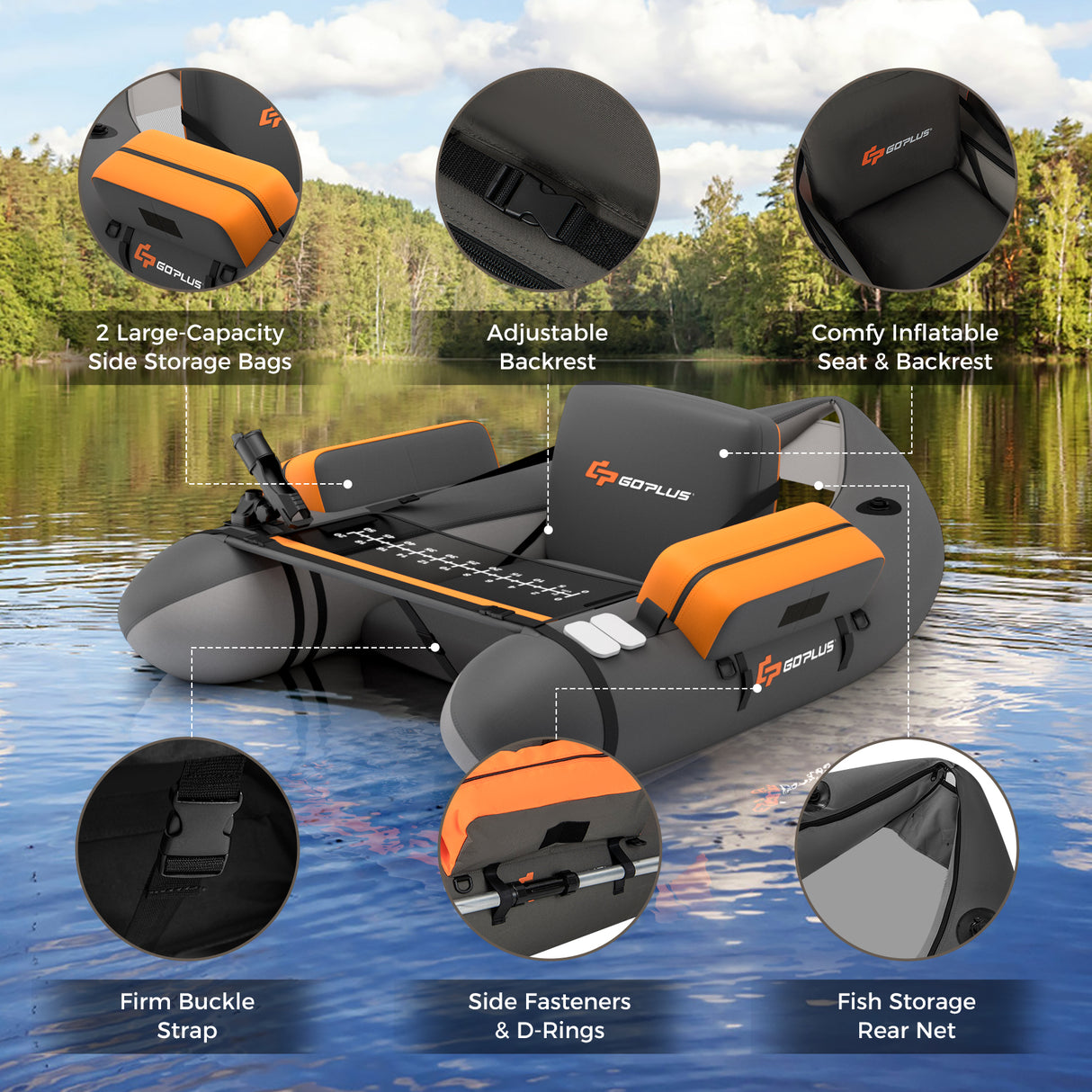 Inflatable Fishing Float Tube with Pump Storage Pockets and Fish Ruler-Gray