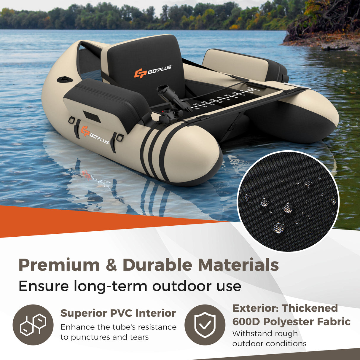 Inflatable Fishing Float Tube with Pump Storage Pockets and Fish Ruler-Beige