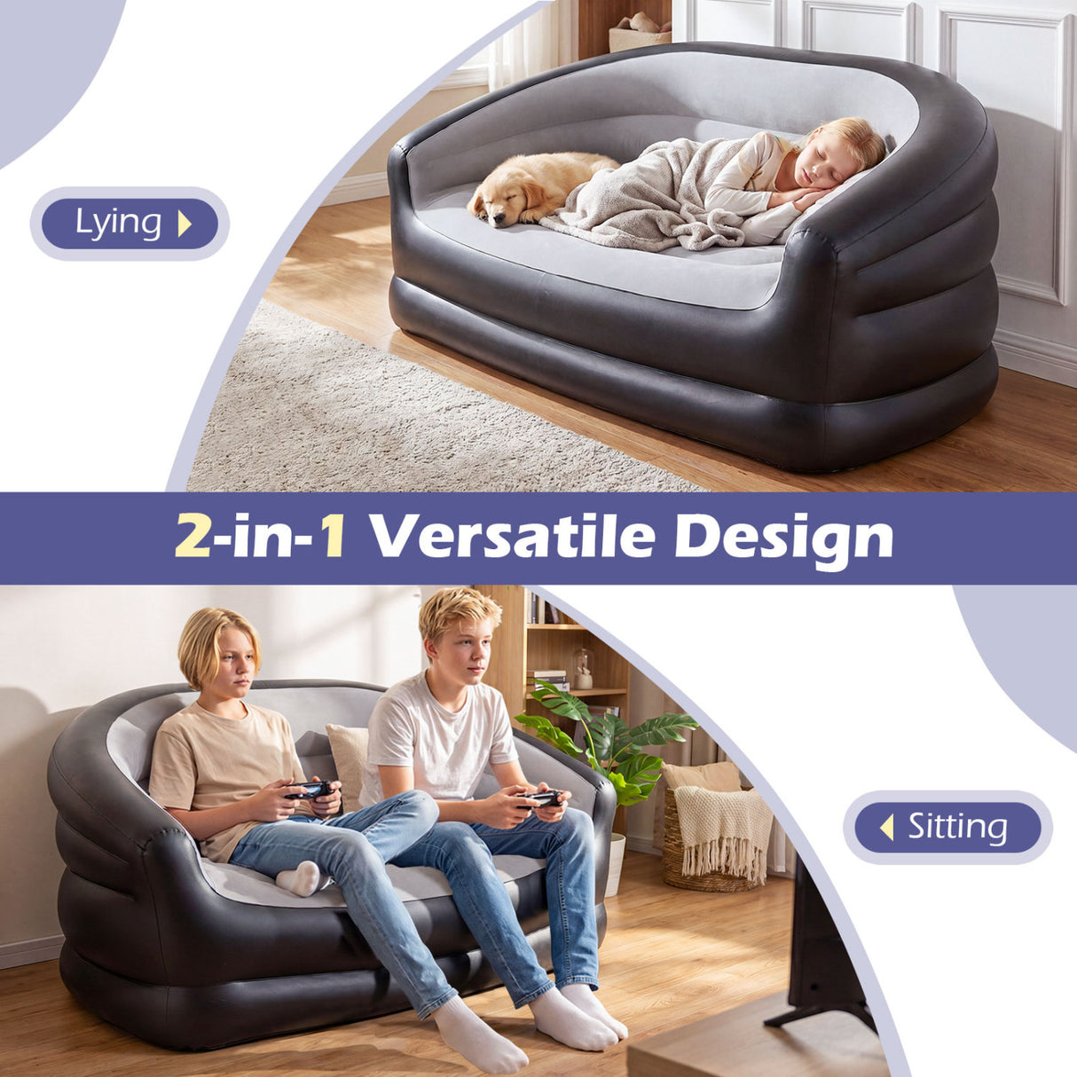 Inflatable Loveseat Couch Portable and Foldable 2-Seater Air Sofa for Adults with Flocked Surface-Grey