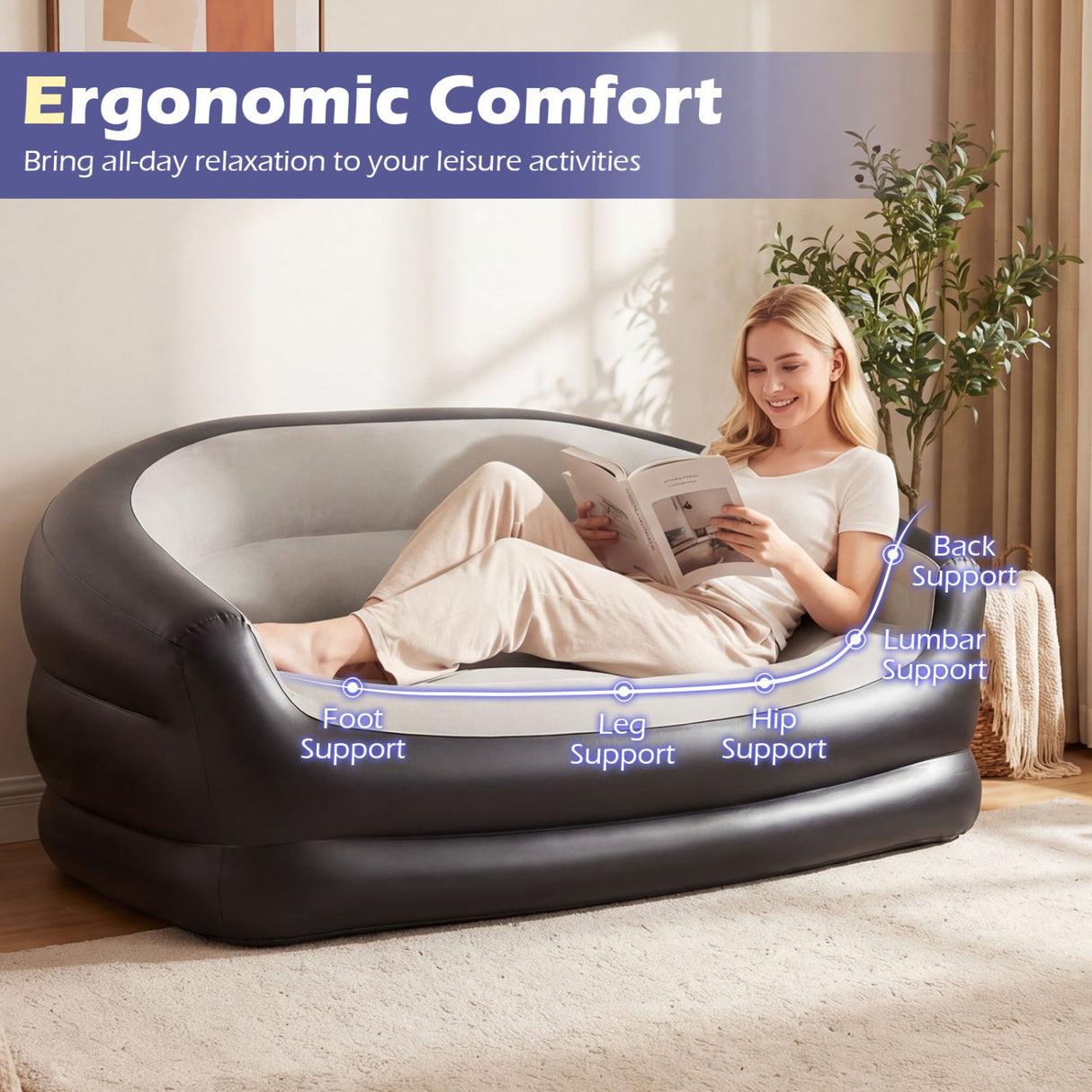 Inflatable Loveseat Couch Portable and Foldable 2-Seater Air Sofa for Adults with Flocked Surface-Grey