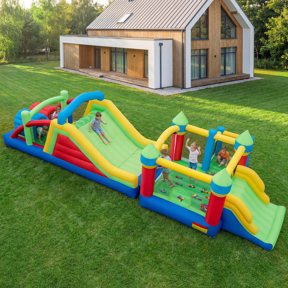 Inflatable Obstacle Course Bounce House with Dual Slides with 2 680W Blower