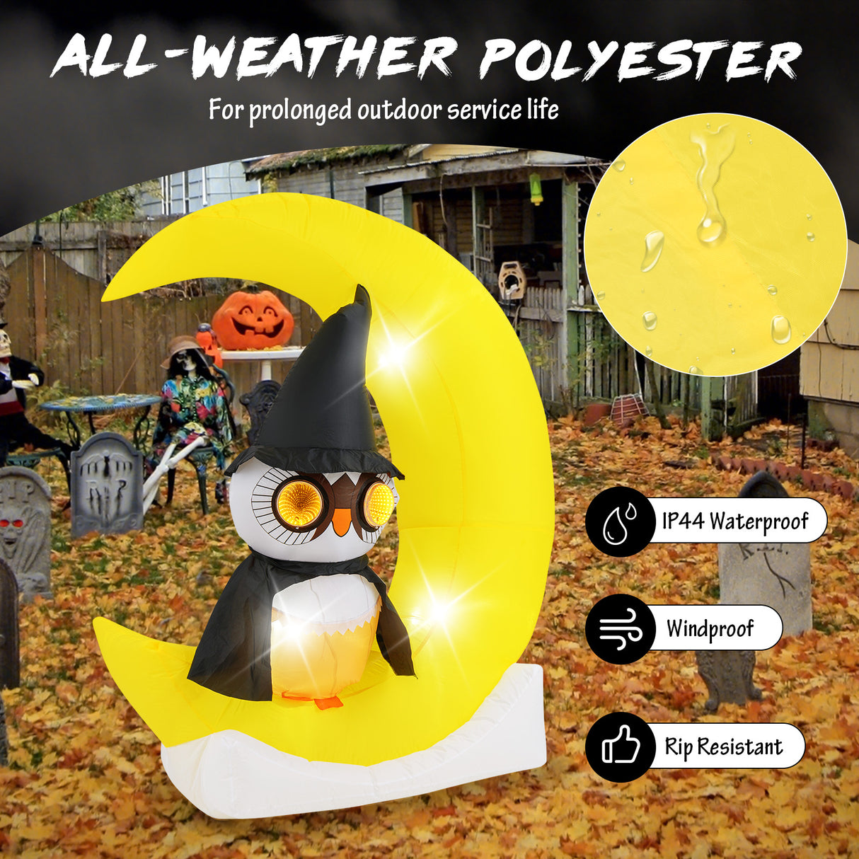 Inflatable Owl on Moon LED Lighted Halloween Decoration with Large Moon and Wizard Owl