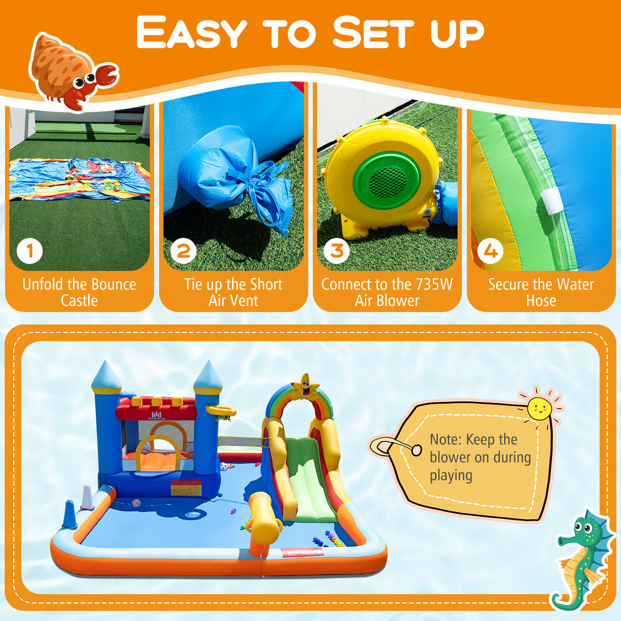 Inflatable Water Slide Park Bouncy Castle with Climbing Wall with 735W Blower