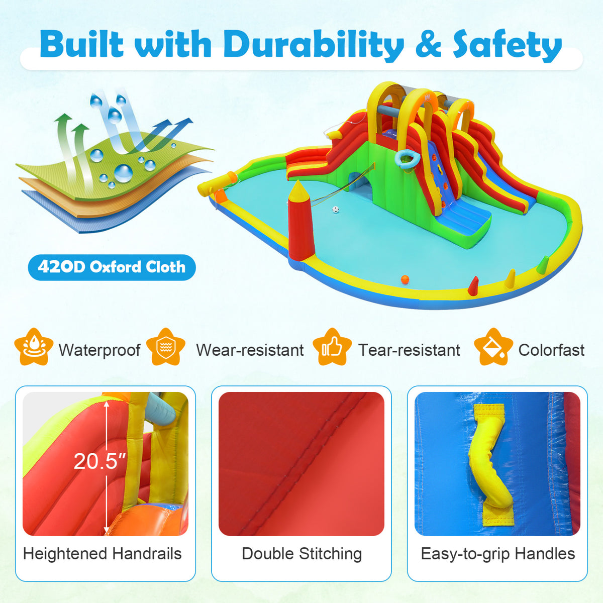 Inflatable Water Slide Park with 2 Long Slides and 750W Air Blower