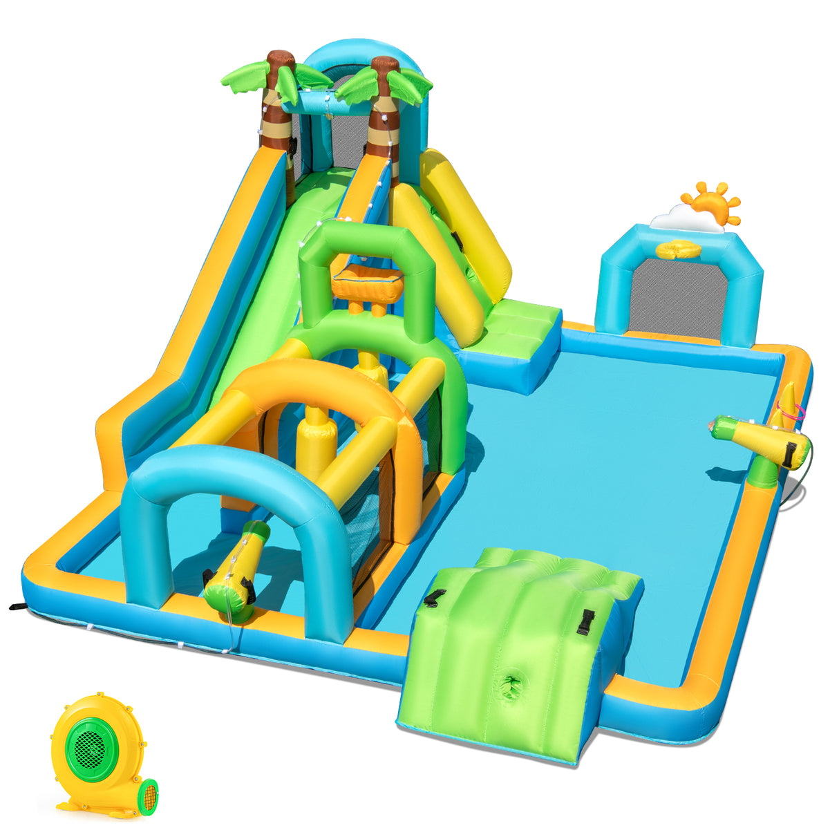Inflatable Water Slide Tropical Theme Dual Slide Aqua Park with 680W Blower