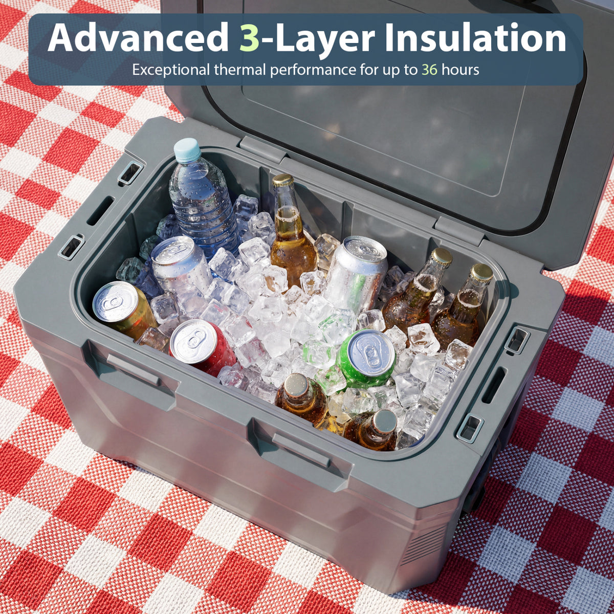 Insulated Portable Cooler Hard Shell Ice Chest with 2 Cup Holders Bottle Opener and Drain Plug-Gray