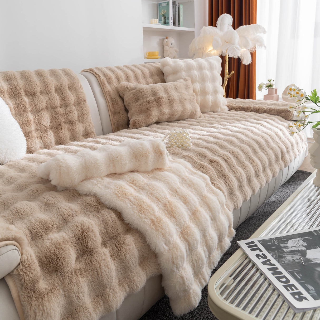 Thick Sofa Cushion Solid Color Faux Fur Fluffy Sofa Cushion Non-Slip Couch Covers