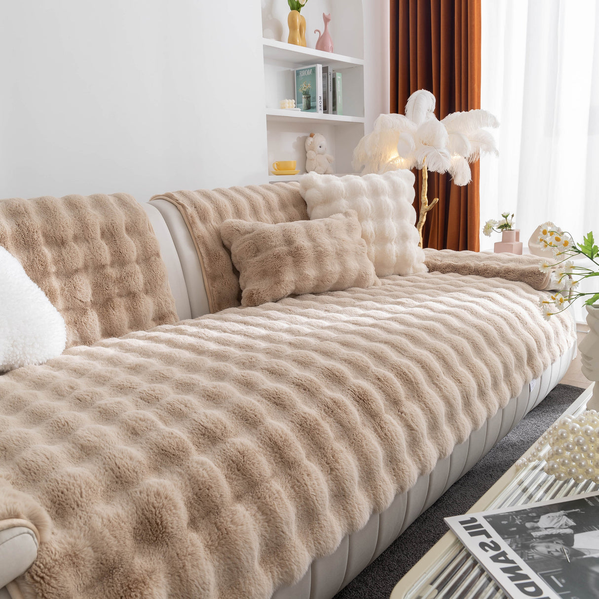 Thick Sofa Cushion Solid Color Faux Fur Fluffy Sofa Cushion Non-Slip Couch Covers