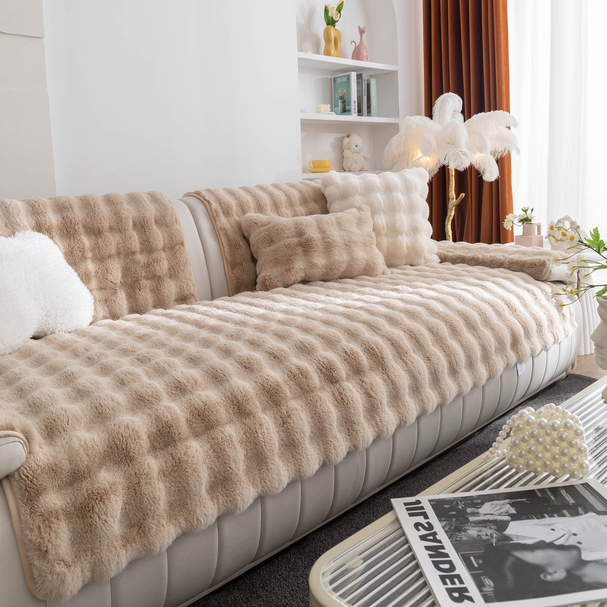 Thick Sofa Cushion Solid Color Faux Fur Fluffy Sofa Cushion Non-Slip Couch Covers